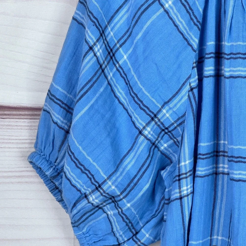 LOFT Top Womens PM Blue‎ Plaid Blouse Puff Sleeve Tie Neck Cotton Pullover Woven